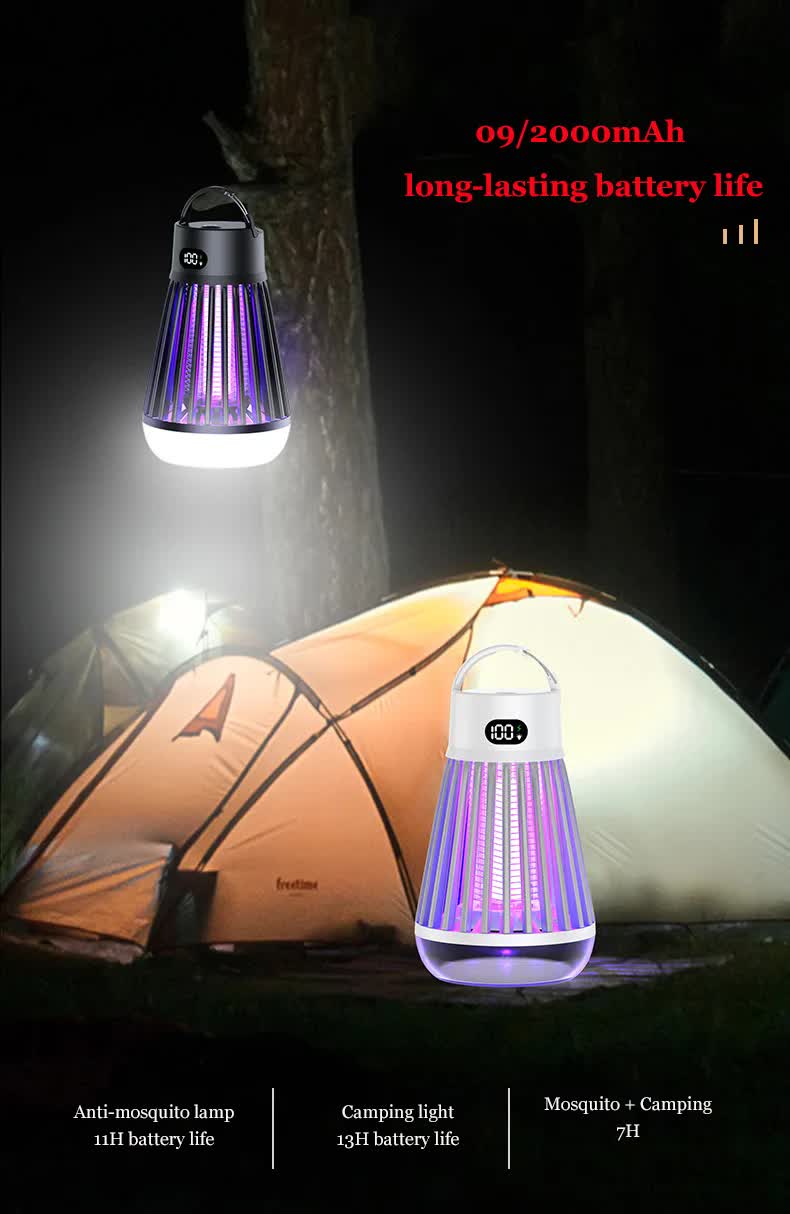 2-in-1 Rechargeable Mosquito Zapper & Camping Lantern - 2000V Electric Insect Killer with Smart Digital Display - 2000mAh Battery Portable
