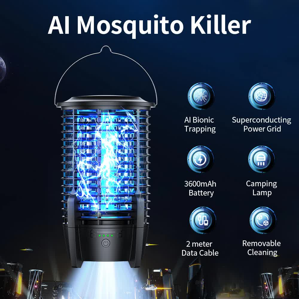 2-in-1 Rechargeable Mosquito Zapper & Camping Lantern - 2000V Electric Insect Killer with Smart Digital Display - 2000mAh Battery Portable
