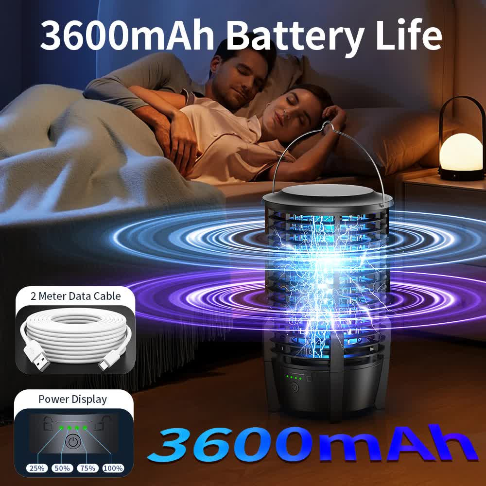 2-in-1 Rechargeable Mosquito Zapper & Camping Lantern - 2000V Electric Insect Killer with Smart Digital Display - 2000mAh Battery Portable