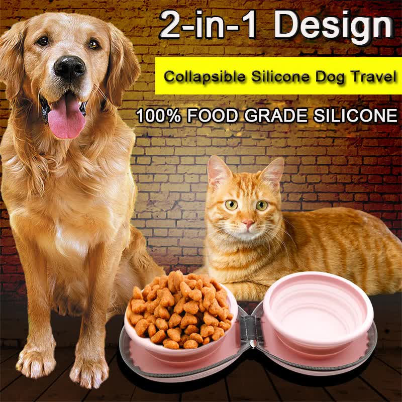 Portable Silicone Double Pet Bowl - Collapsible Travel Dog Feeder for Food & Water - 2 x 450ml Capacity with Zipper Case - Light Yellow
