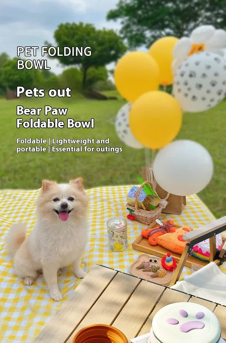 Portable Silicone Double Pet Bowl - Collapsible Travel Dog Feeder for Food & Water - 2 x 450ml Capacity with Zipper Case - Light Yellow