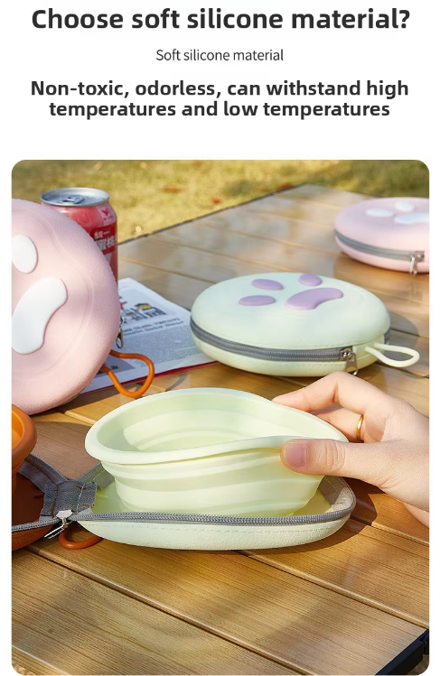 Portable Silicone Double Pet Bowl - Collapsible Travel Dog Feeder for Food & Water - 2 x 450ml Capacity with Zipper Case - Light Yellow