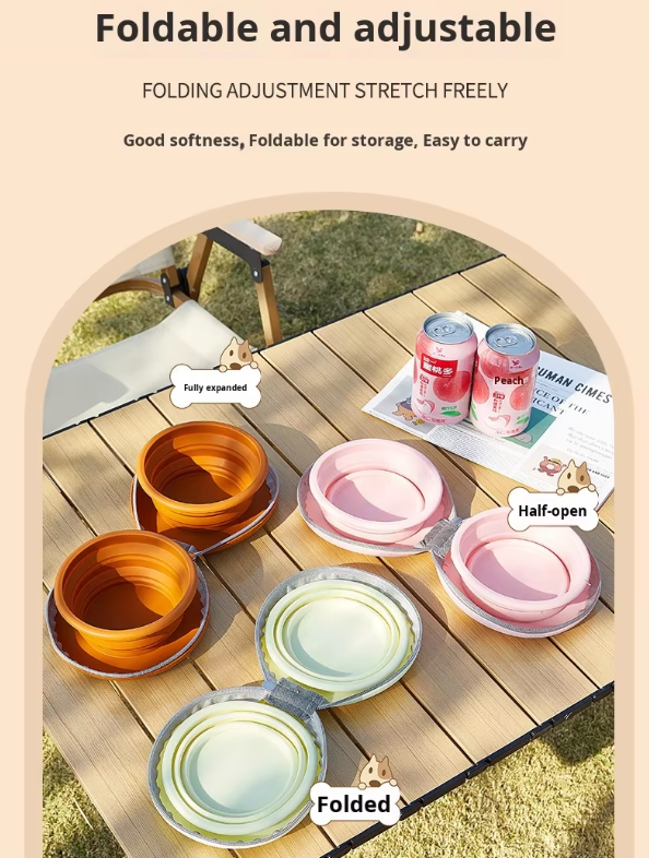 Portable Silicone Double Pet Bowl - Collapsible Travel Dog Feeder for Food & Water - 2 x 450ml Capacity with Zipper Case - Brown & Yellow