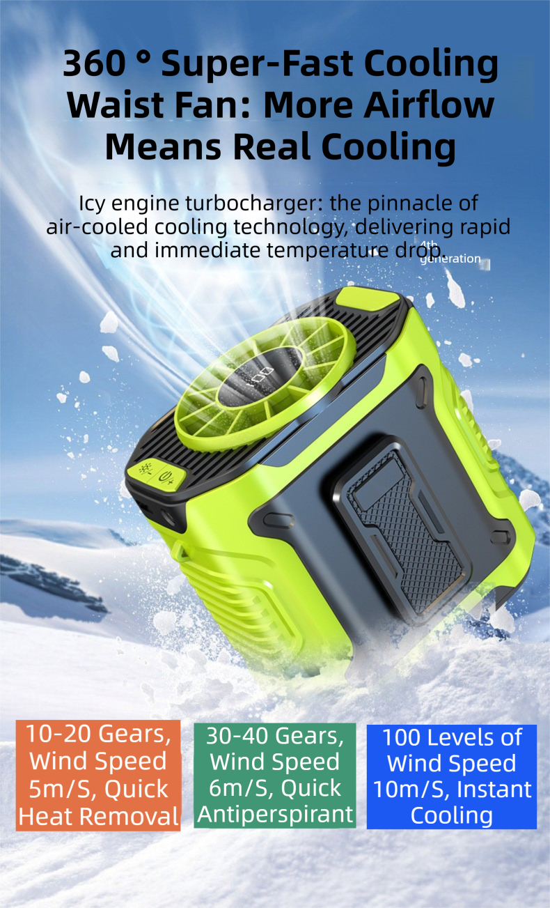 Black Portable Waist Fan - Construction Site Cooling Solution with 360° Turbo Ice Engine, 100 Speed Gears, and LED Light