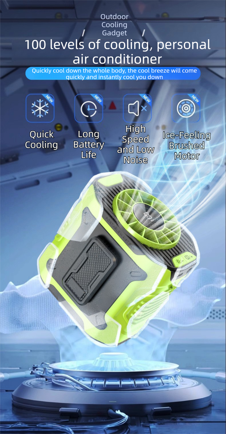 Dark Green Portable Waist Fan - Construction Site Cooling Solution with 360° Turbo Ice Engine, 100 Speed Gears, and LED Light
