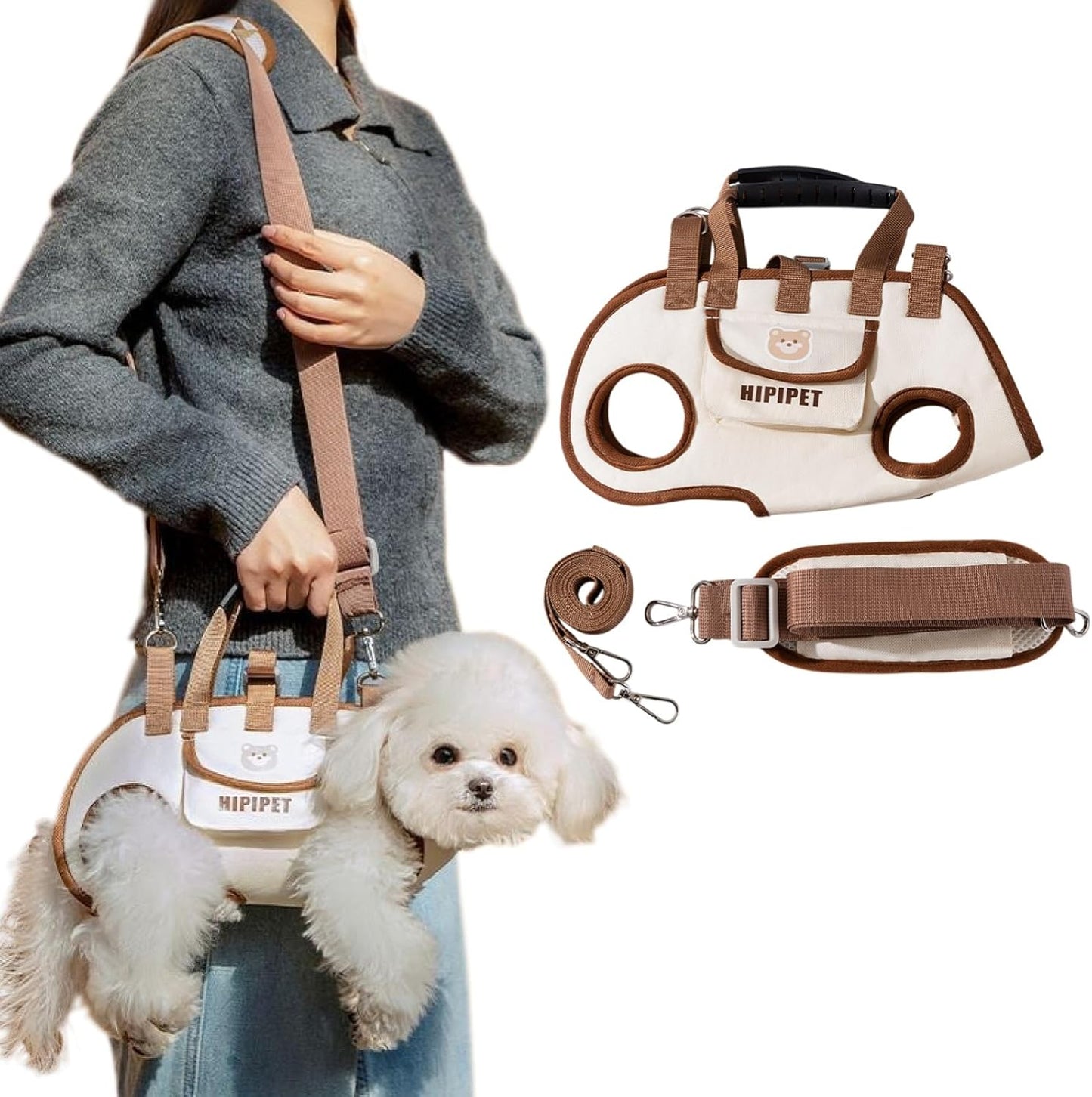 Beige 4-in-1 Multi-Functional Pet Carrier Bag with Detachable Strap & 1.5M Traction Rope - Lightweight Breathable Travel Sling for Cats & Dogs -...