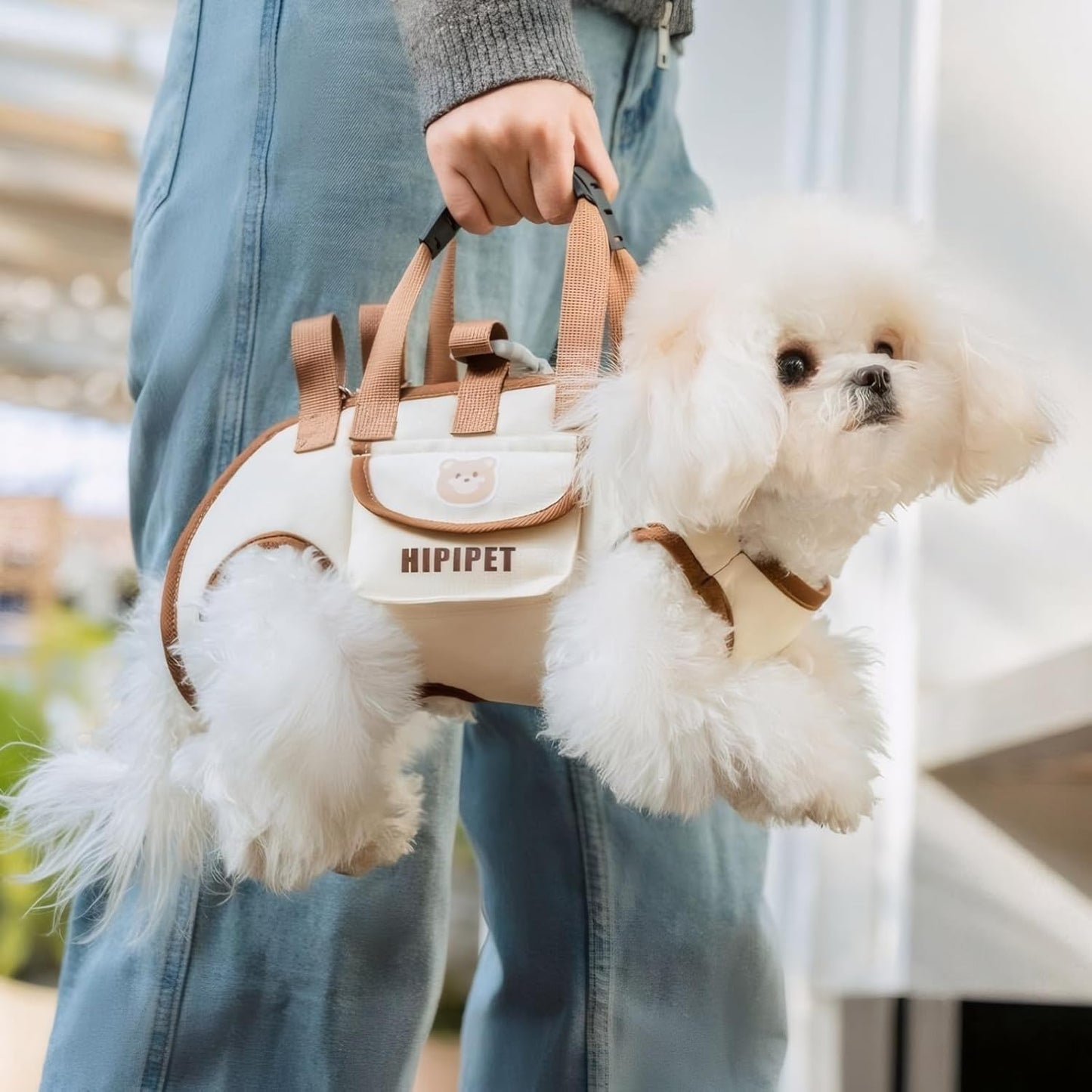Beige 4-in-1 Multi-Functional Pet Carrier Bag with Detachable Strap & 1.5M Traction Rope - Lightweight Breathable Travel Sling for Cats & Dogs -...