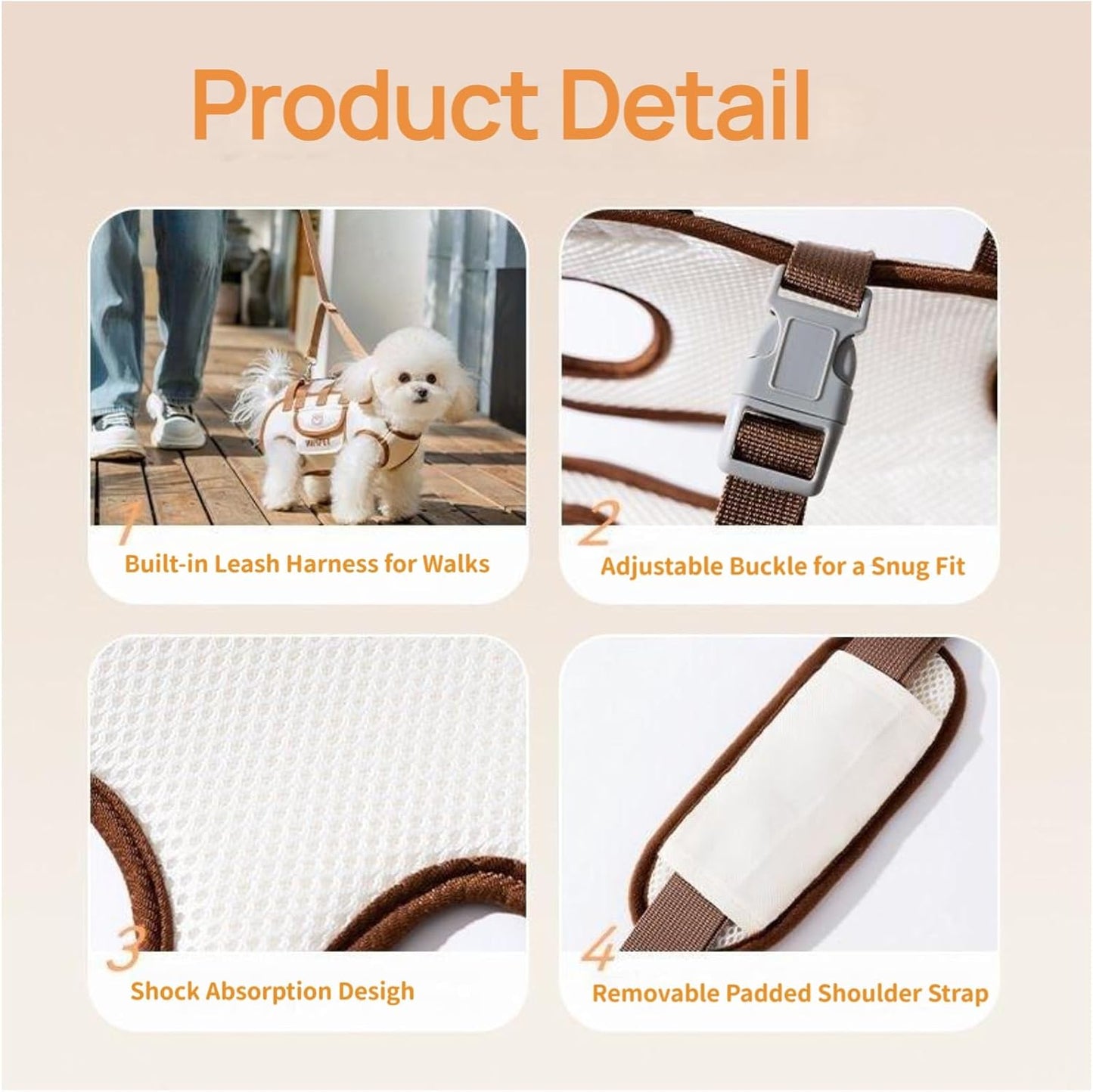 Beige 4-in-1 Multi-Functional Pet Carrier Bag with Detachable Strap & 1.5M Traction Rope - Lightweight Breathable Travel Sling for Cats & Dogs -...