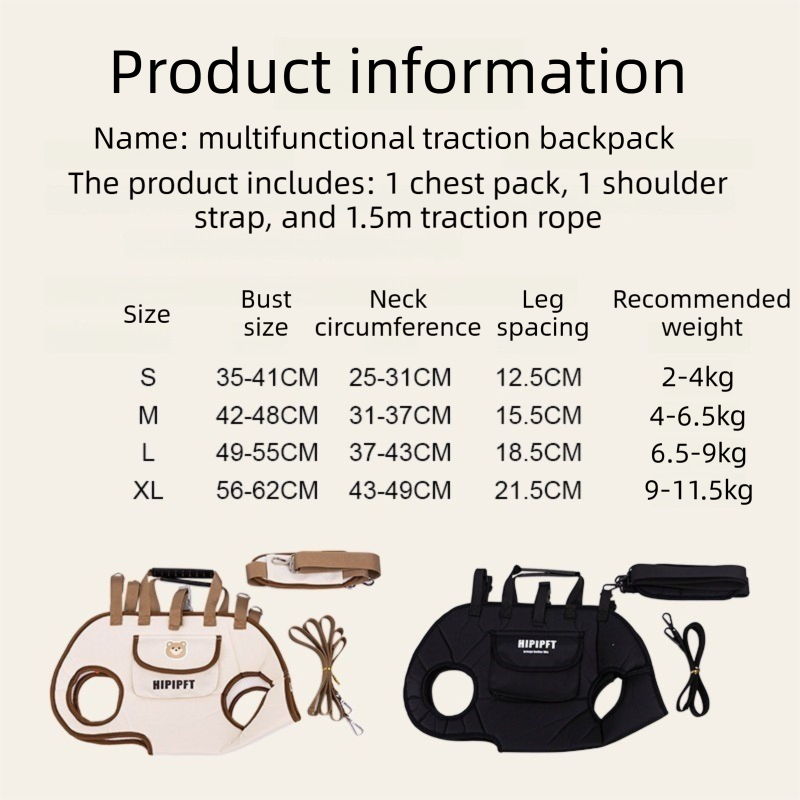 Black 4-in-1 Multi-Functional Pet Carrier Bag with Detachable Strap & 1.5M Traction Rope - Lightweight Breathable Travel Sling for Cats & Dogs -...