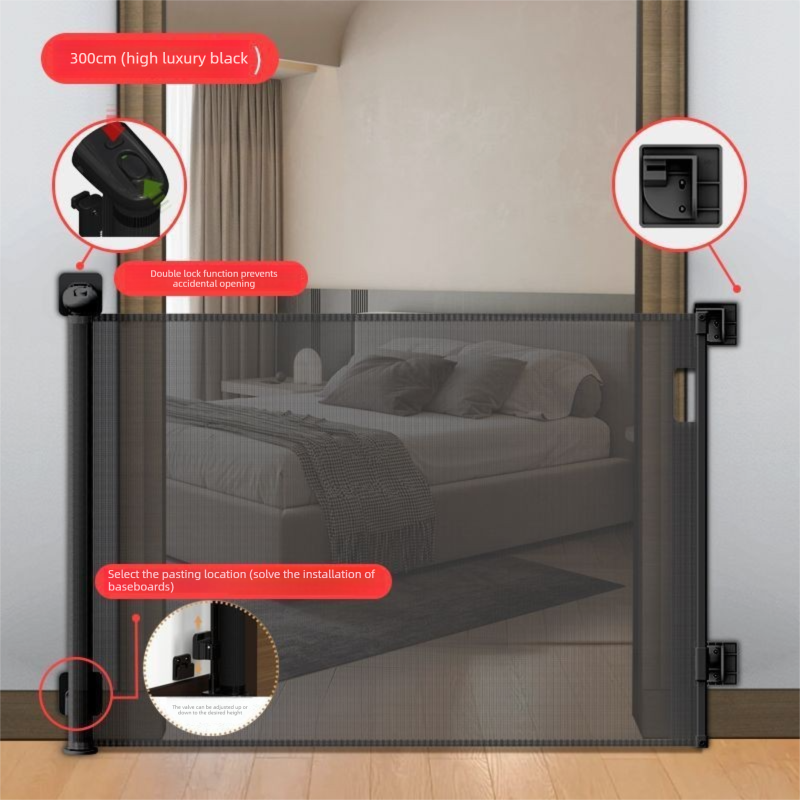 Black Retractable Baby Safety Gate and Pet Barrier Extra Wide 300cm for Stairs and Doorways No Drill Mesh In-Home Protection Solution for Local...