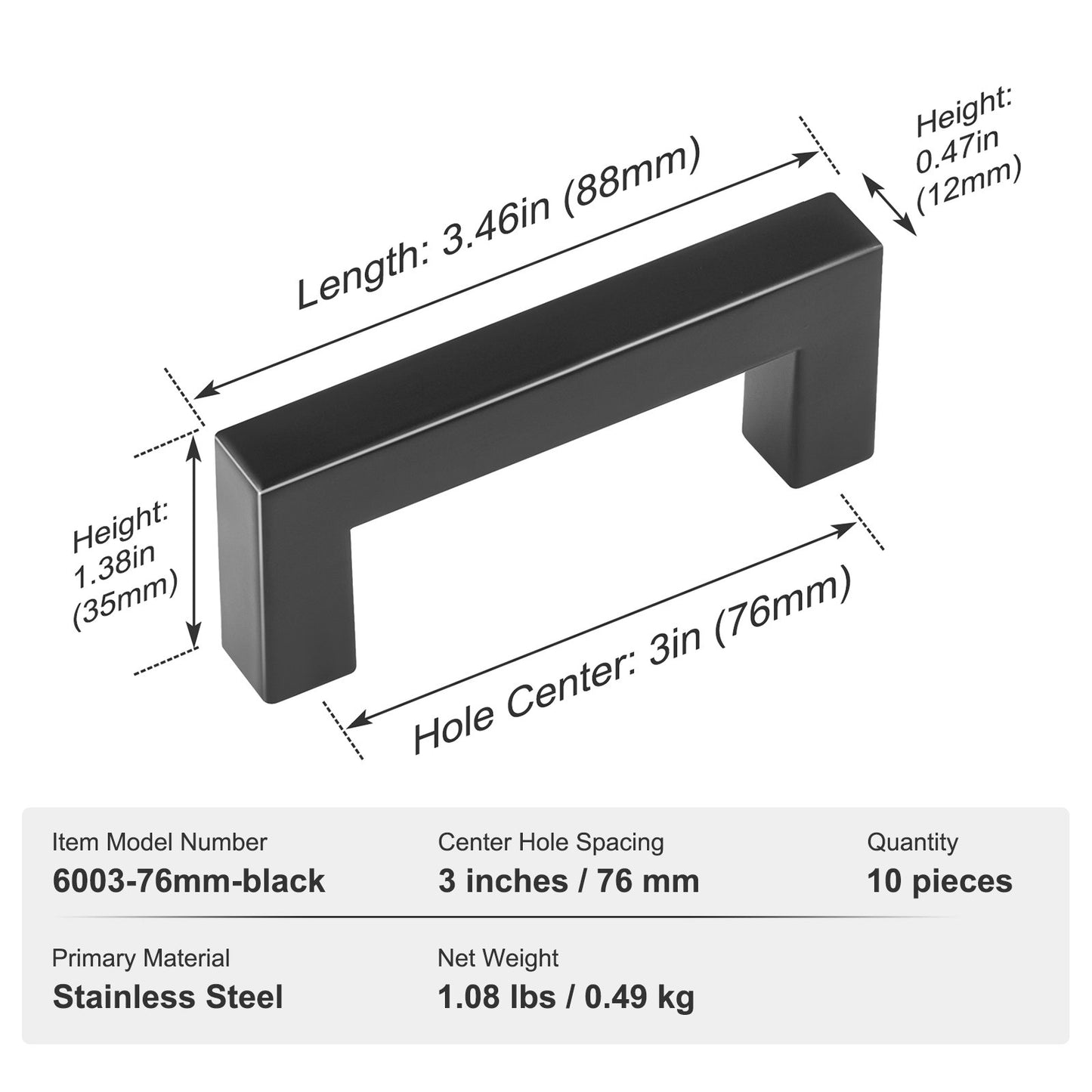 VEVOR 10 Pack Cabinet Pulls, 3in / 76mm Center to Center Slim Square Kitchen Cabinet Drawer, Stainless Steel Modern Kitchen Cupboard Door Handles...