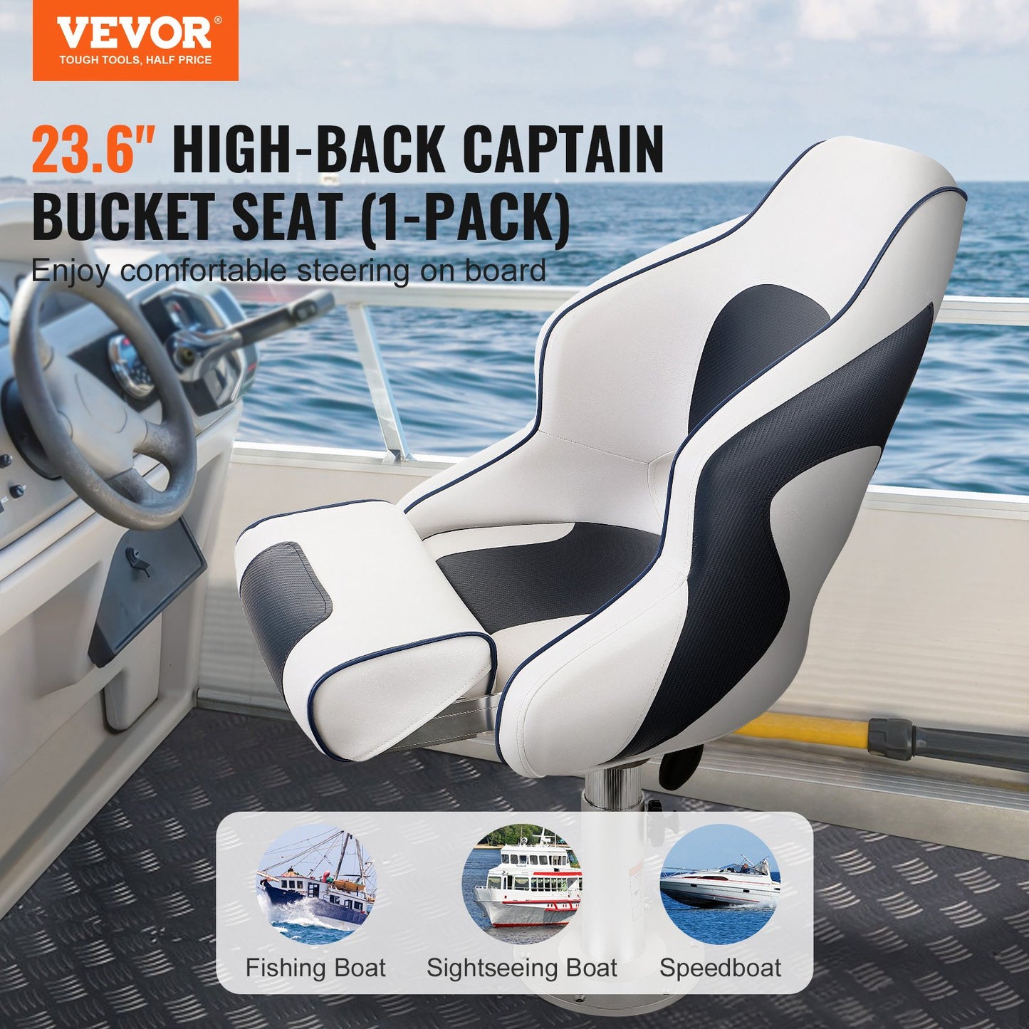 VEVOR Captain Bucket Seat Boat Seat, Flip Up Boat Seat, with Thickened Sponge Padding, Flip-up Bolster Boat Captain Chair for Fishing Boat,...