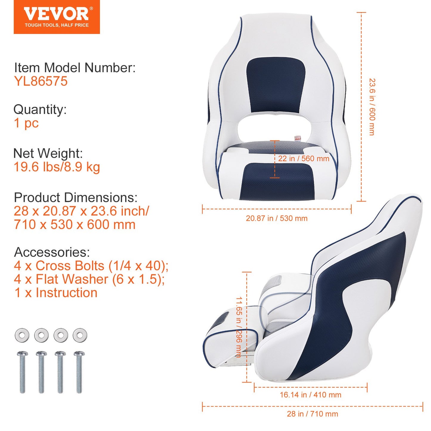VEVOR Captain Bucket Seat Boat Seat, Flip Up Boat Seat, with Thickened Sponge Padding, Flip-up Bolster Boat Captain Chair for Fishing Boat,...