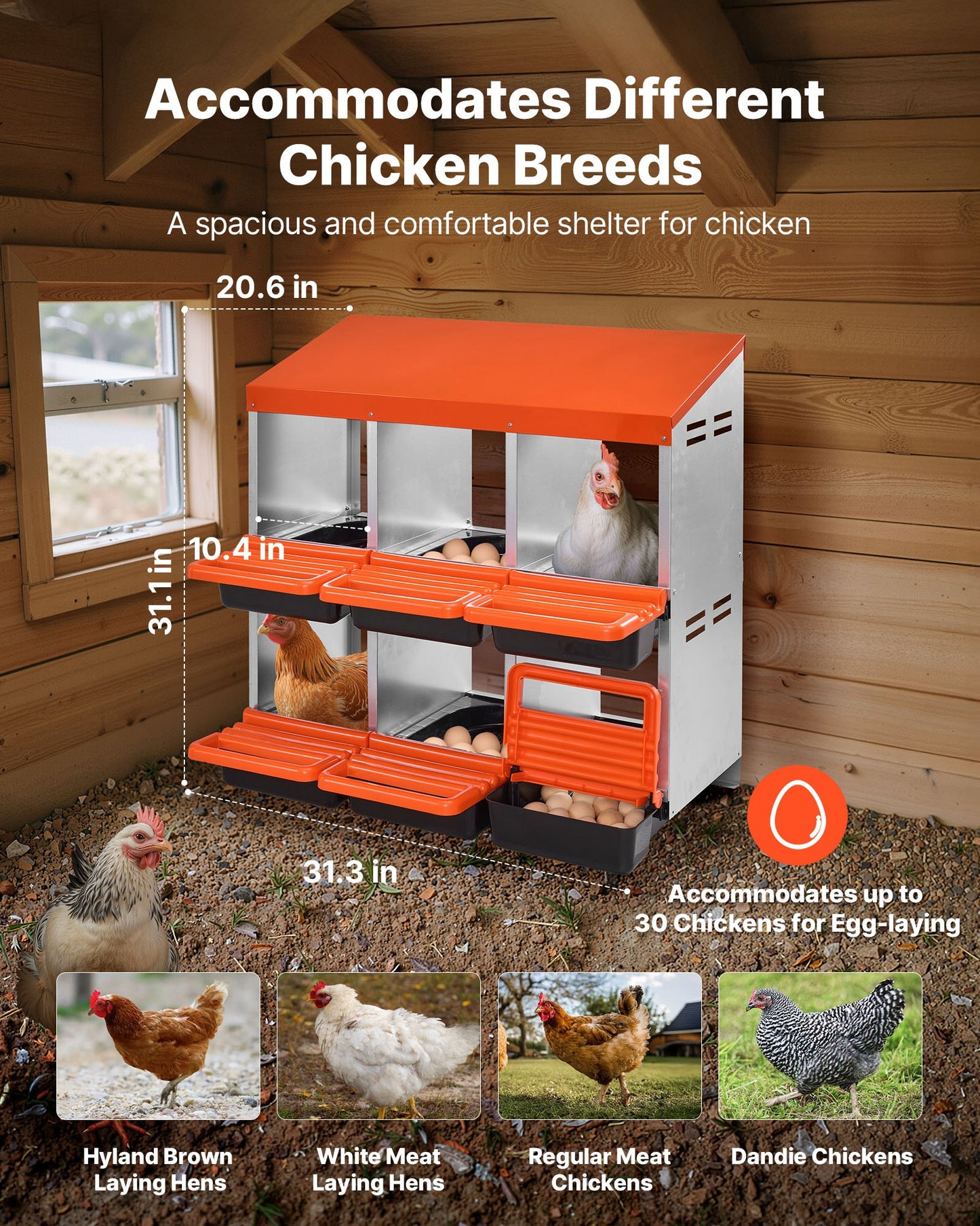 VEVOR 2 Tiers Chicken Nesting Boxes, 6 Compartments, Metal Egg Laying Boxes with Protective Collection Lids, Roll Out Nesting Box, Easy to...