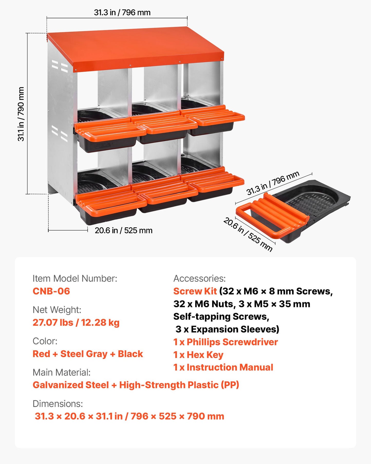 VEVOR 2 Tiers Chicken Nesting Boxes, 6 Compartments, Metal Egg Laying Boxes with Protective Collection Lids, Roll Out Nesting Box, Easy to...