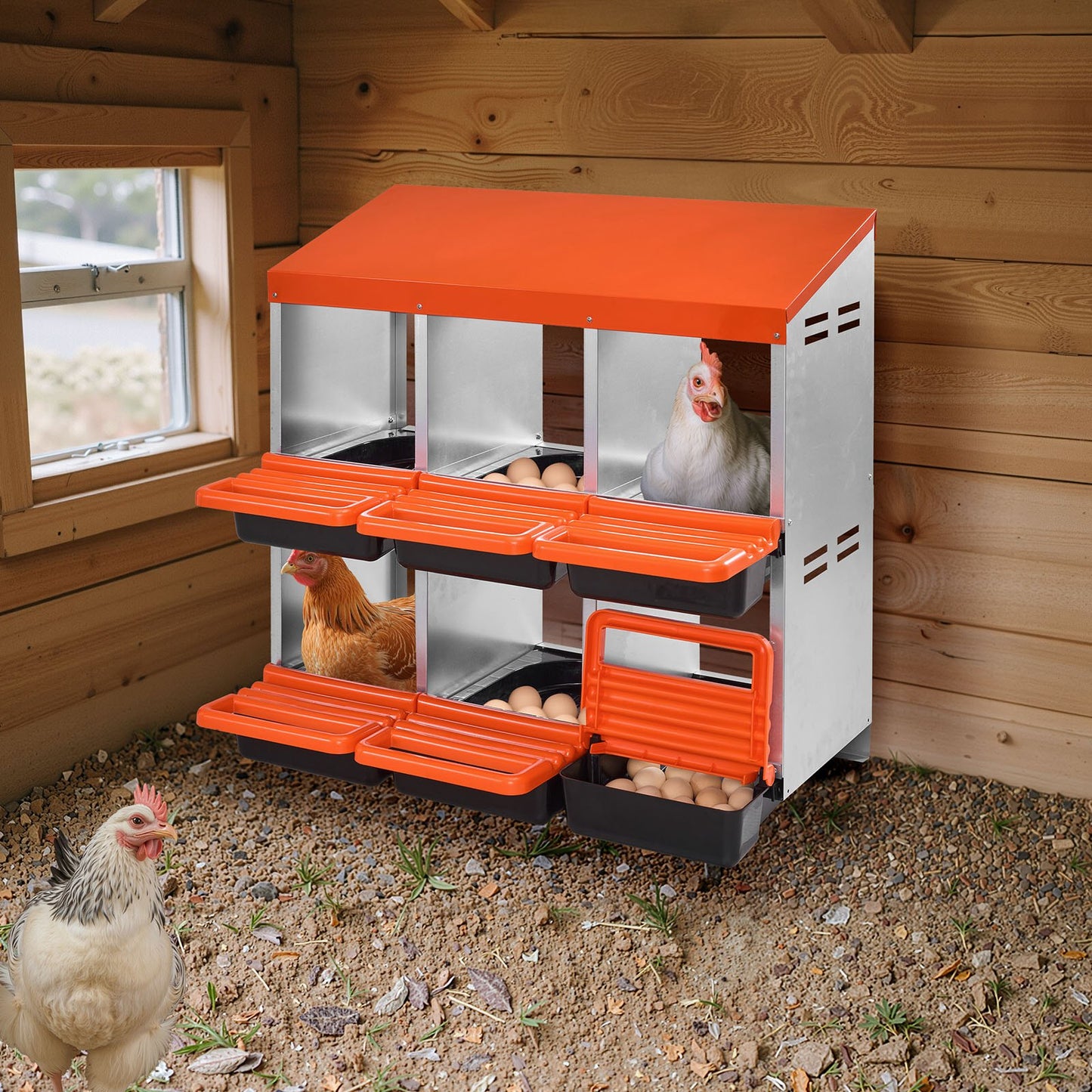 VEVOR 2 Tiers Chicken Nesting Boxes, 6 Compartments, Metal Egg Laying Boxes with Protective Collection Lids, Roll Out Nesting Box, Easy to...