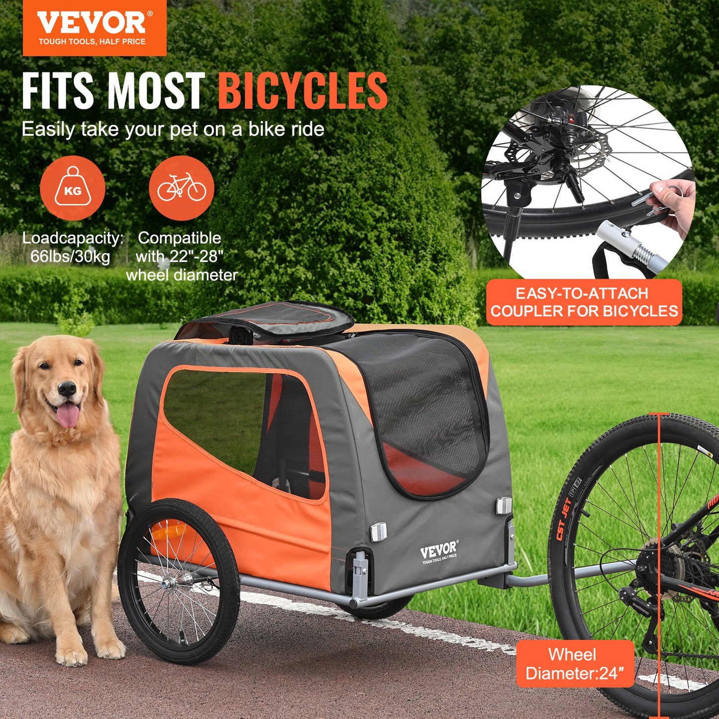 VEVOR Dog Bike Trailer, Supports up to 30 kg, Pet Cart Bicycle Carrier, Easy Folding Frame with Quick Release Wheels, Universal Bicycle Coupler,...