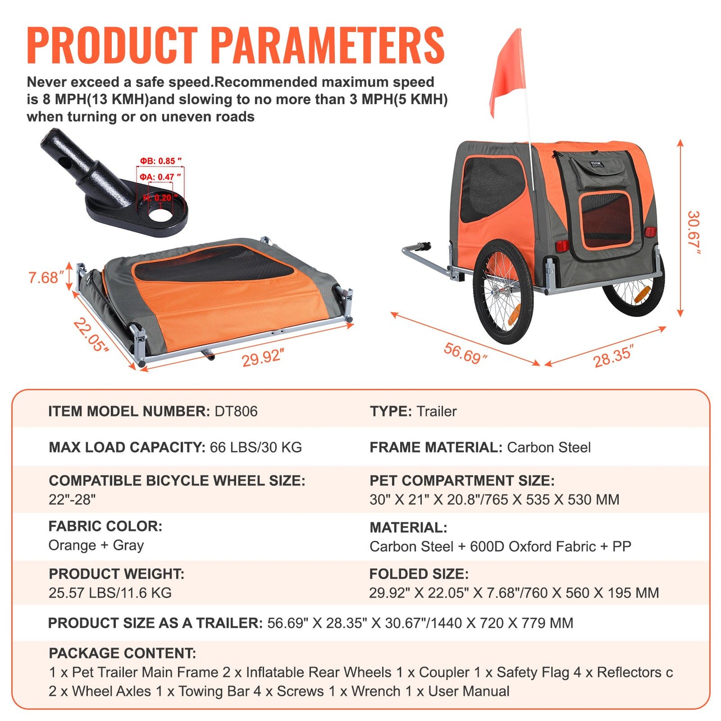 VEVOR Dog Bike Trailer, Supports up to 30 kg, Pet Cart Bicycle Carrier, Easy Folding Frame with Quick Release Wheels, Universal Bicycle Coupler,...