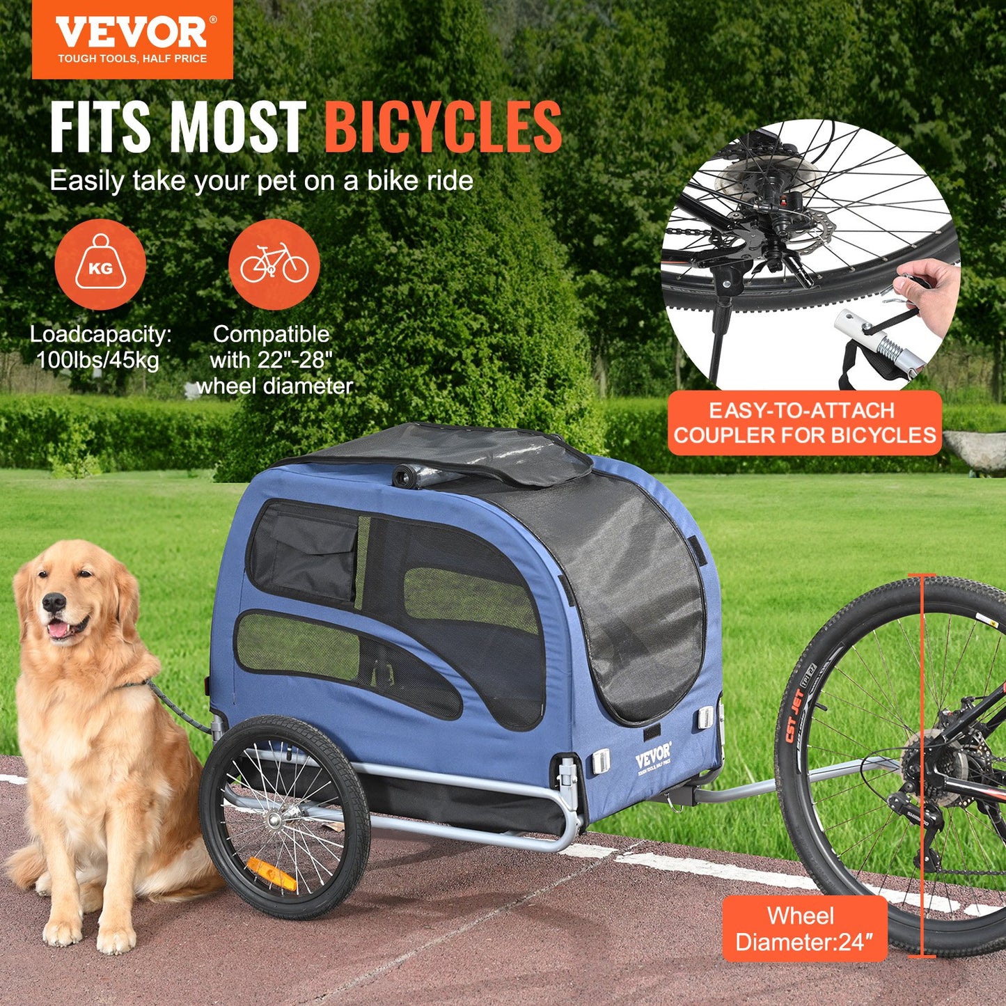 VEVOR Dog Bike Trailer, Supports up to 45 kg, Pet Cart Bicycle Carrier, Easy Folding Frame with Quick Release Wheels, Universal Bicycle Coupler,...
