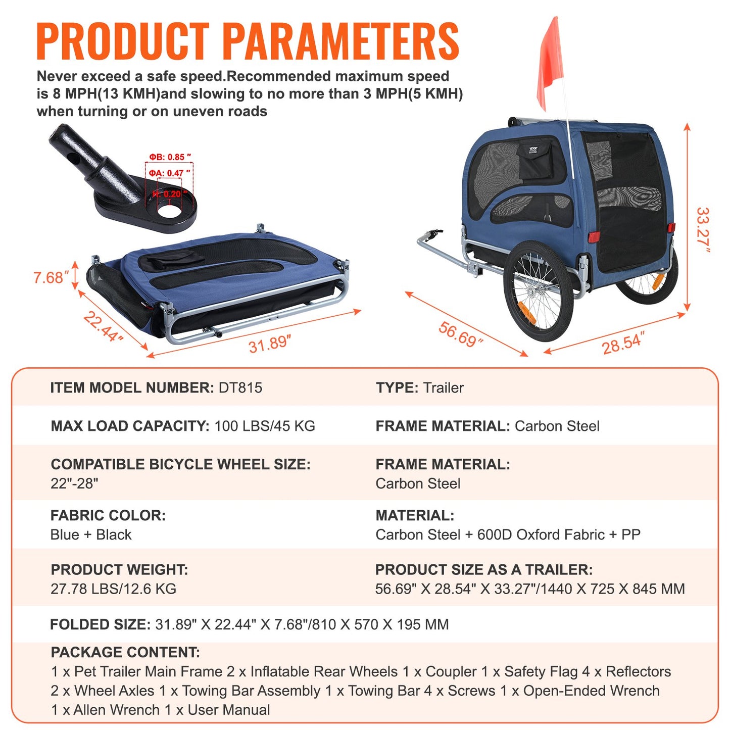 VEVOR Dog Bike Trailer, Supports up to 45 kg, Pet Cart Bicycle Carrier, Easy Folding Frame with Quick Release Wheels, Universal Bicycle Coupler,...