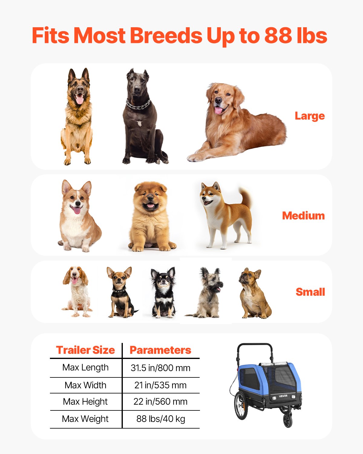 VEVOR Dog Bike Trailer, Supports up to 40 kg, 2-in-1 Pet Stroller Cart Bicycle Carrier for Small & Large Dogs, Easy Folding Frame with Quick...