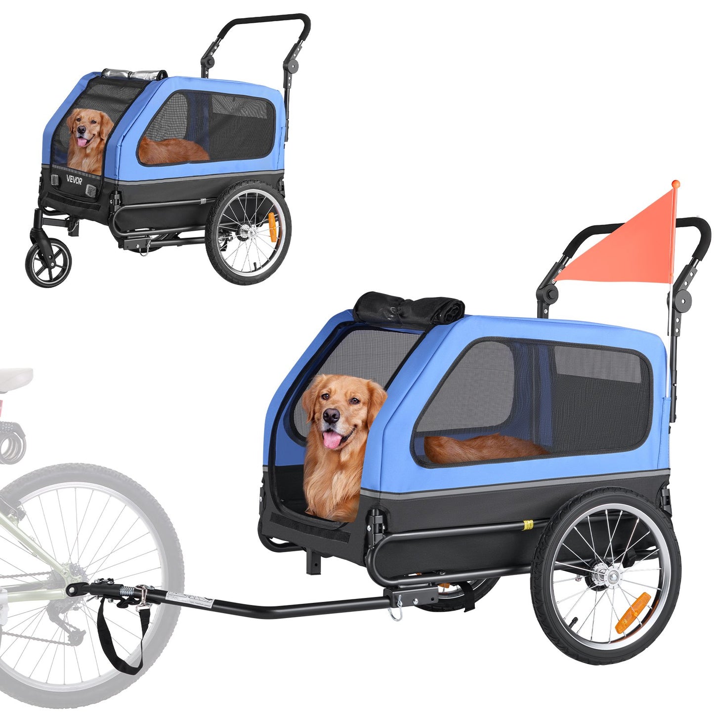 VEVOR Dog Bike Trailer, Supports up to 40 kg, 2-in-1 Pet Stroller Cart Bicycle Carrier for Small & Large Dogs, Easy Folding Frame with Quick...