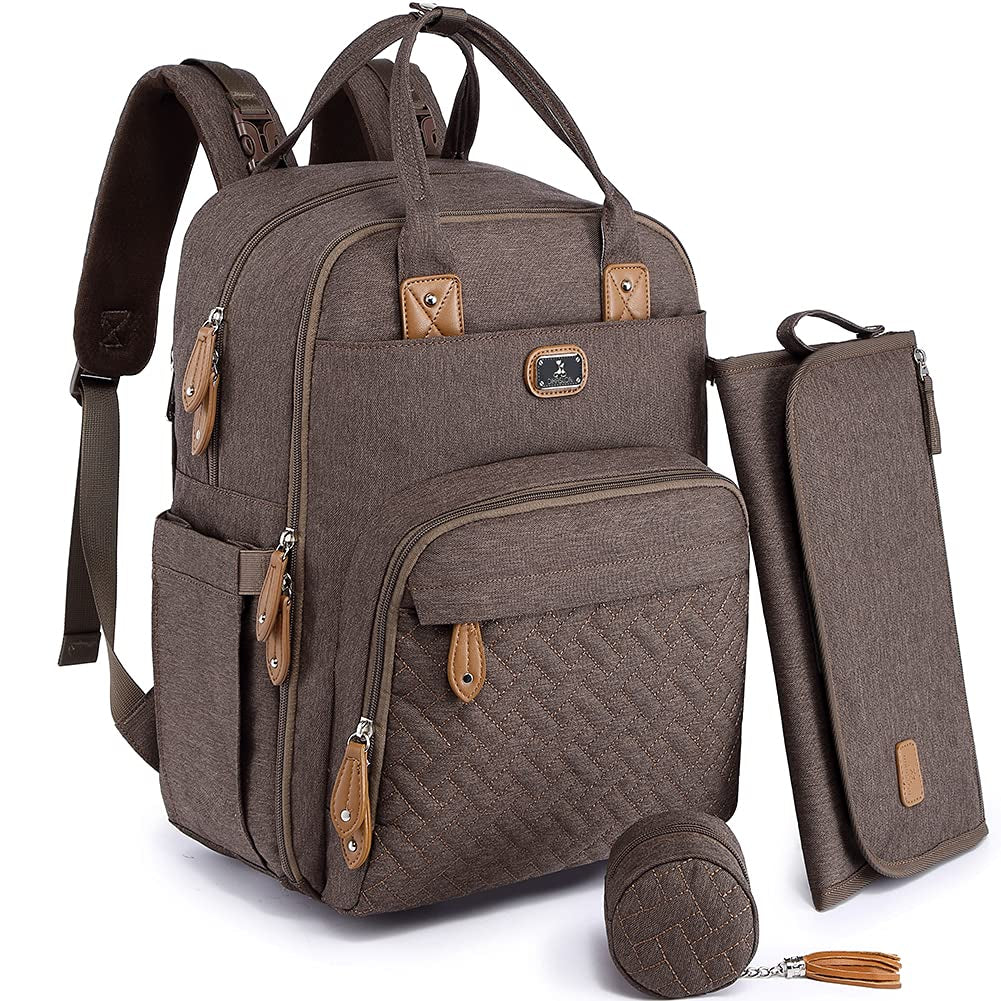 Diaper Bag Backpack with Portable Changing Pad, Pacifier Case and Stroller Straps, Large Unisex Baby Bags for Boys Girls, Multipurpose Travel Back Pack Moms Dads, Brown