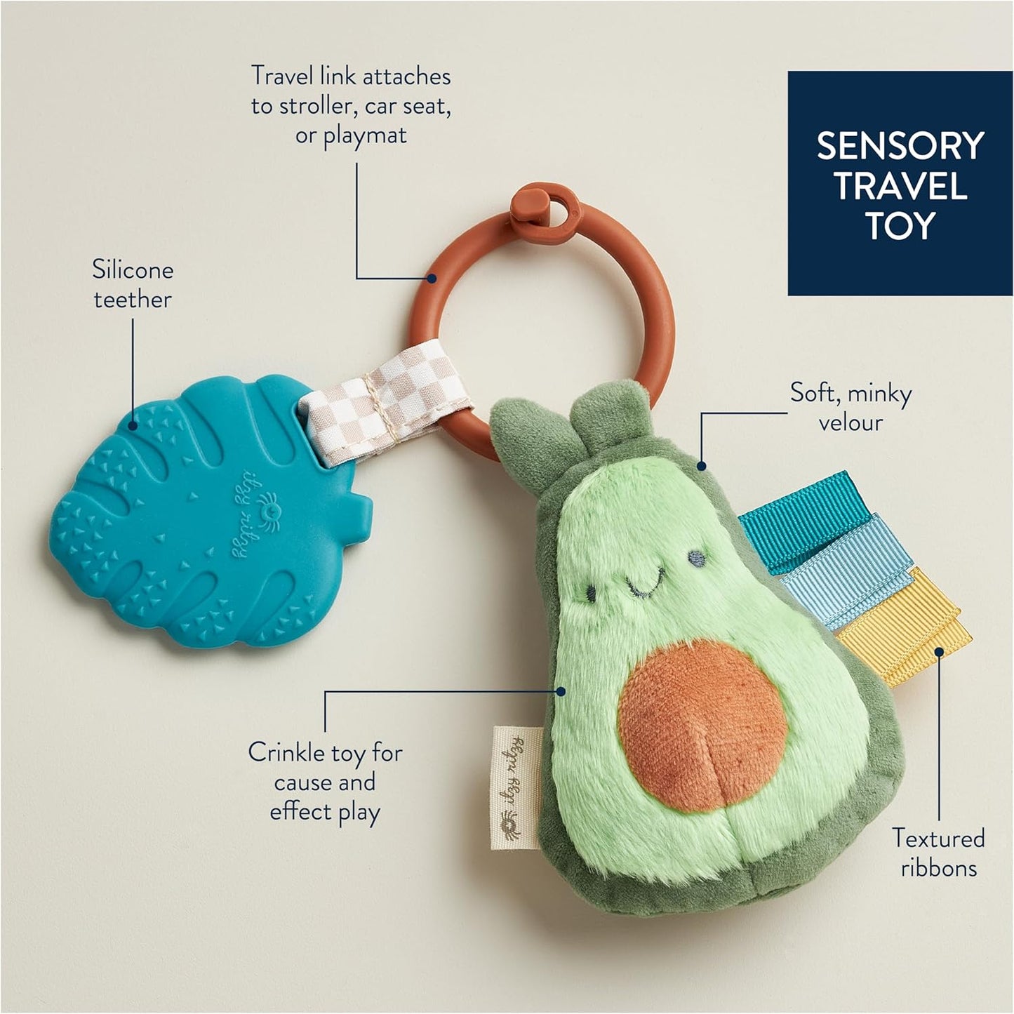 Infant Toy & Teether - Itzy Pal Baby Teething Toy Includes Lovey, Crinkle Sound, Textured Ribbons & Silicone Teether for Newborn (Avocado)