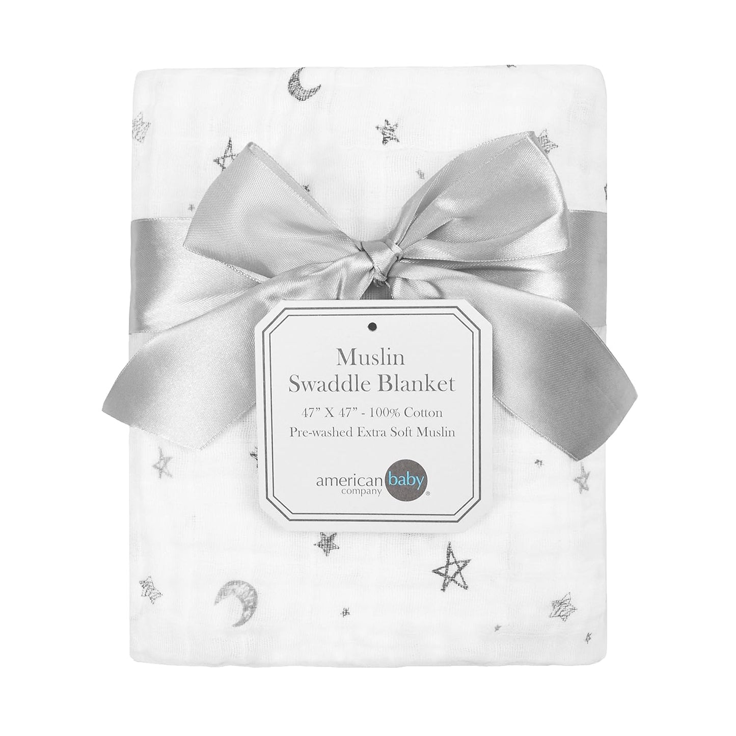 100% Cotton Muslin Swaddle Blanket, Soft, Breathable & Lightweight, Gray Stars/Moon, 47" X 47" for Boys and Girls, Perfect for Swaddling, Travel and Gifting