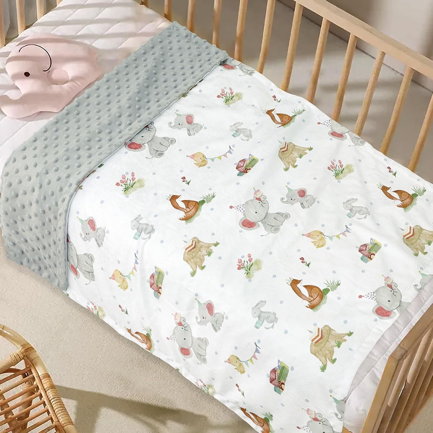 Baby Blanket for Unisex Boys Girls, Super Soft Nursery Minky Fabric with Woodland Animal Party Front and Dotted Fleece Backing for Toddler Stroller Crib Shower Gifts, 30 X 40 Inch