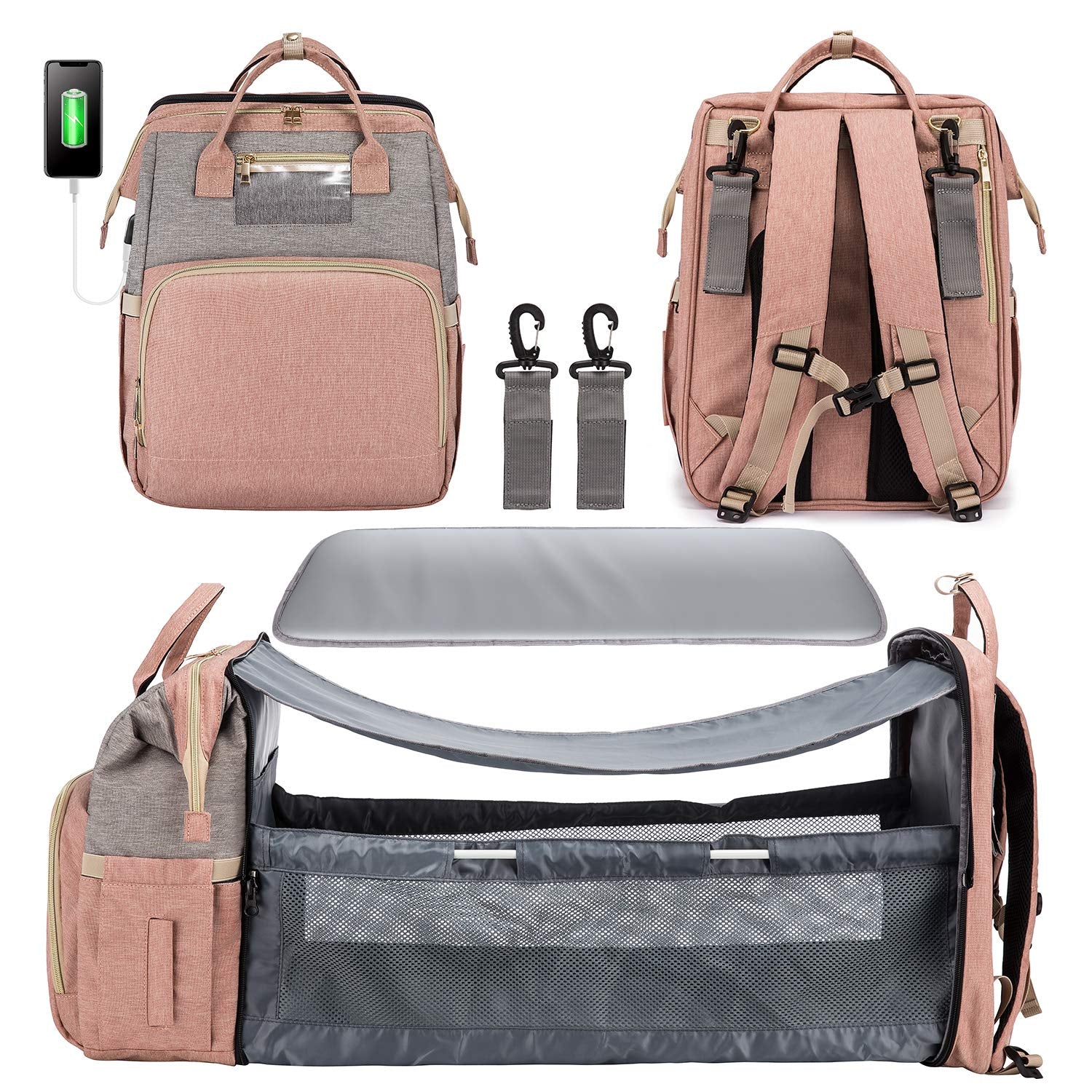 3 in 1 Diaper Bag Backpack with Changing Pad, Waterproof Diaper Bag for Boys Girls, Baby Shower Gifts, Travel Nappy Bag with USB Charging Port, Stroller Straps & Shade Cloth (Pink)