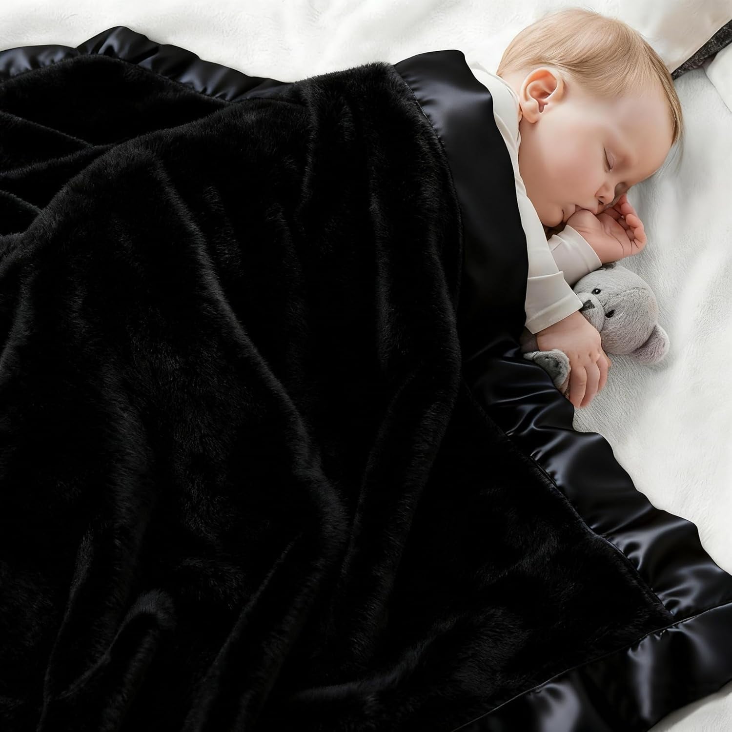 Fleece Baby Blanket with 2 Inch Satin Trim Soft Anti-Static Plush Blanket for Boys and Girls Christmas Baby Gifts for Babies Black 30''X40''