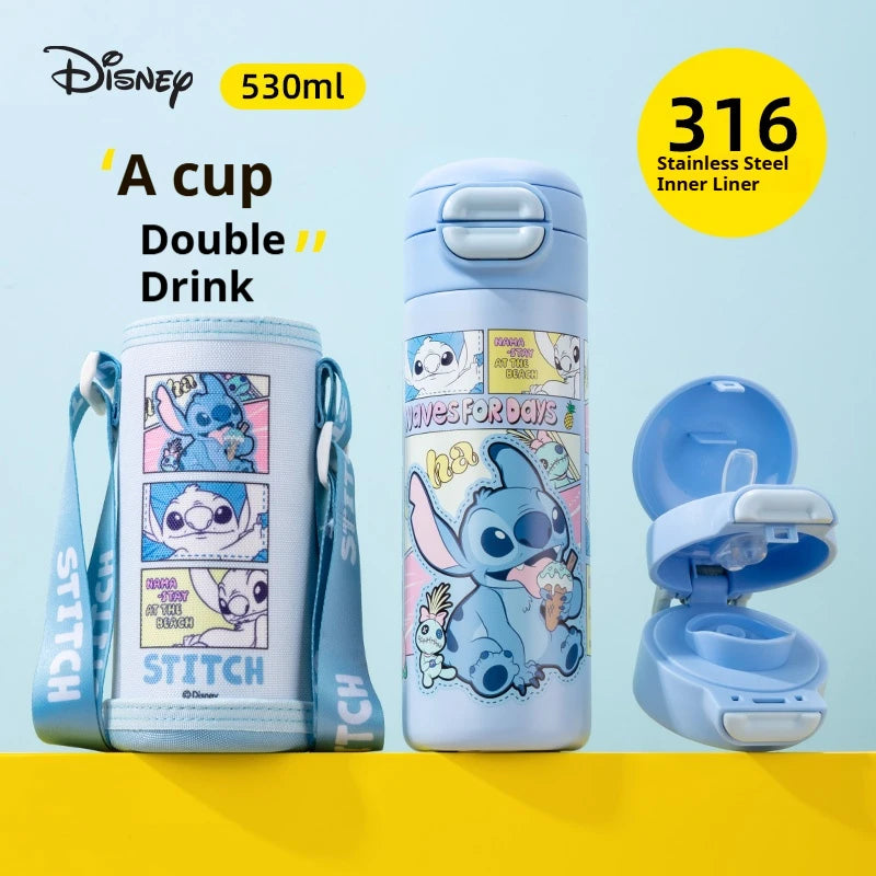 Disney Stitch Children's Water Bottle for School Use 316 Stainless Steel Insulated Cup with Dual-Drink Lid Water Flask with Cup