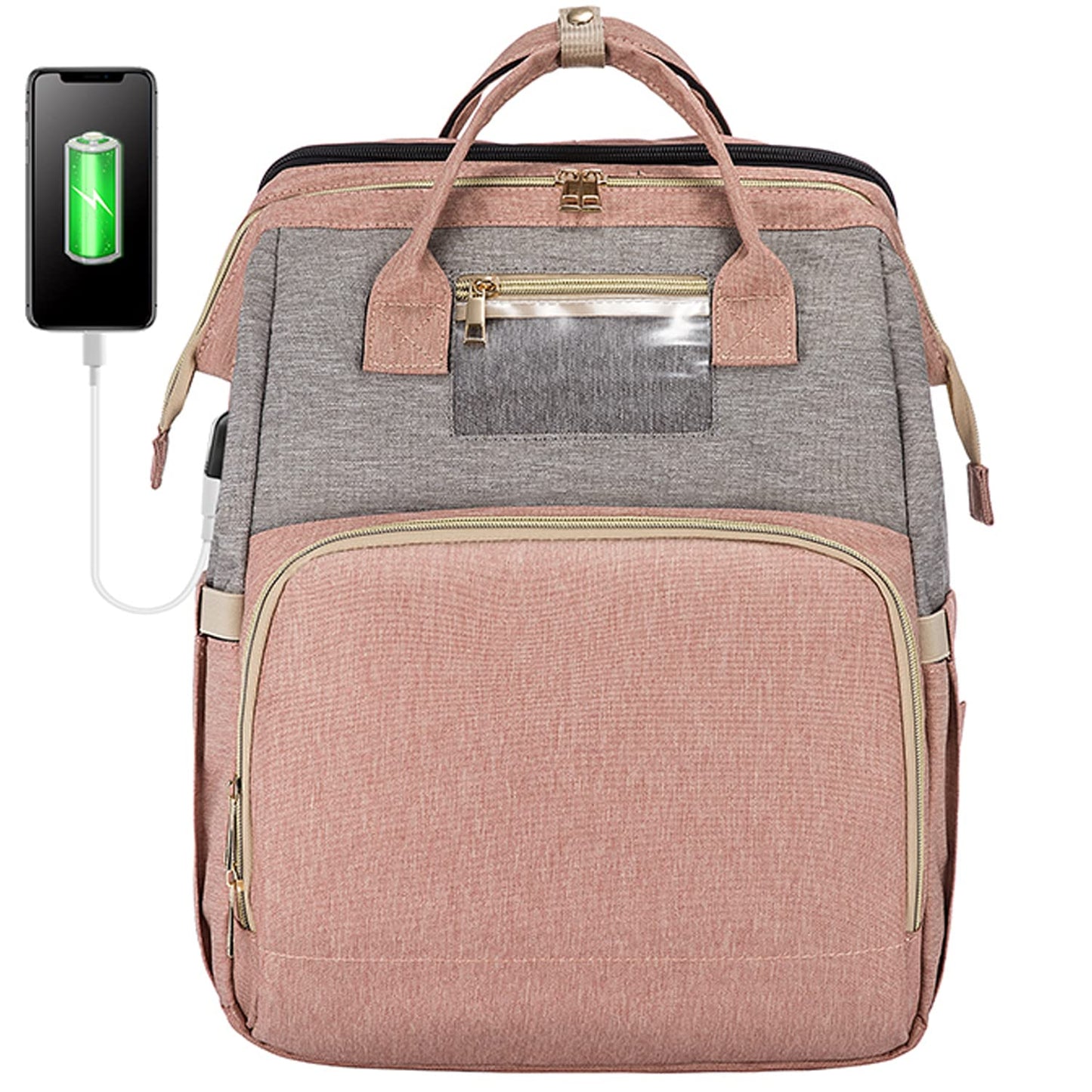 3 in 1 Diaper Bag Backpack with Changing Pad, Waterproof Diaper Bag for Boys Girls, Baby Shower Gifts, Travel Nappy Bag with USB Charging Port, Stroller Straps & Shade Cloth (Pink)