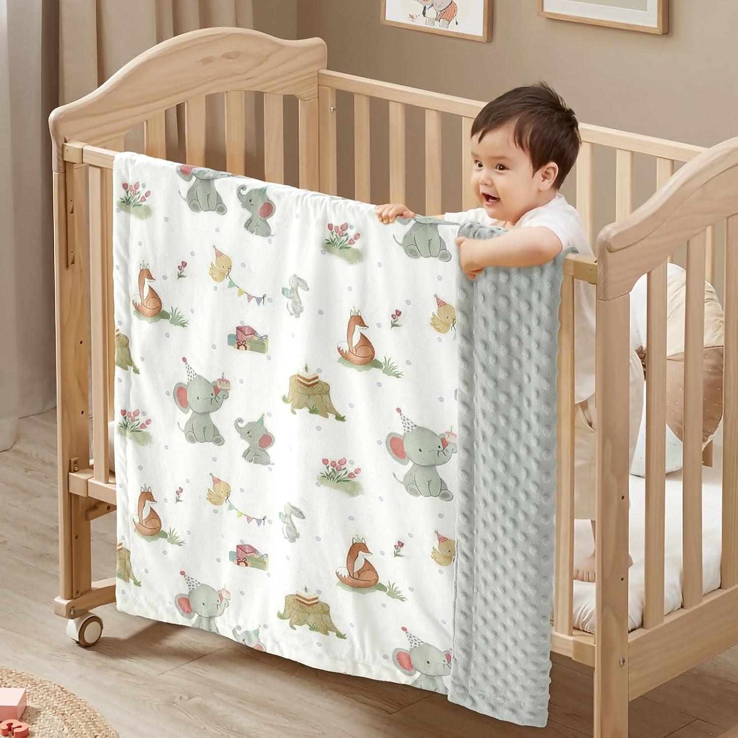 Baby Blanket for Unisex Boys Girls, Super Soft Nursery Minky Fabric with Woodland Animal Party Front and Dotted Fleece Backing for Toddler Stroller Crib Shower Gifts, 30 X 40 Inch