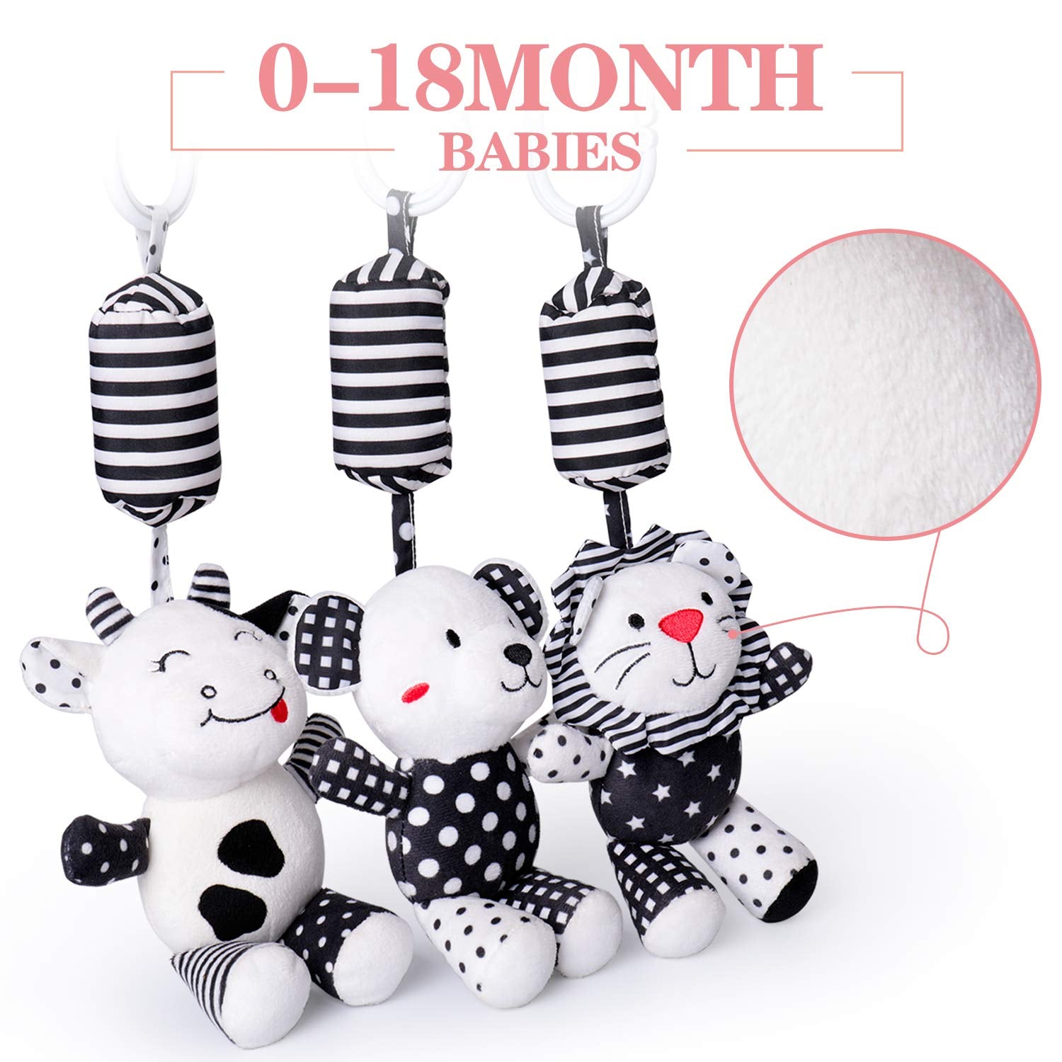 Baby Toy Cartoon Animal Stuffed Hanging Rattle Toys, Baby Bed Crib Car Seat Travel Stroller Soft Plush Toys with Wind Chimes, Best Birthday Gift for Newborn 0-18 Month