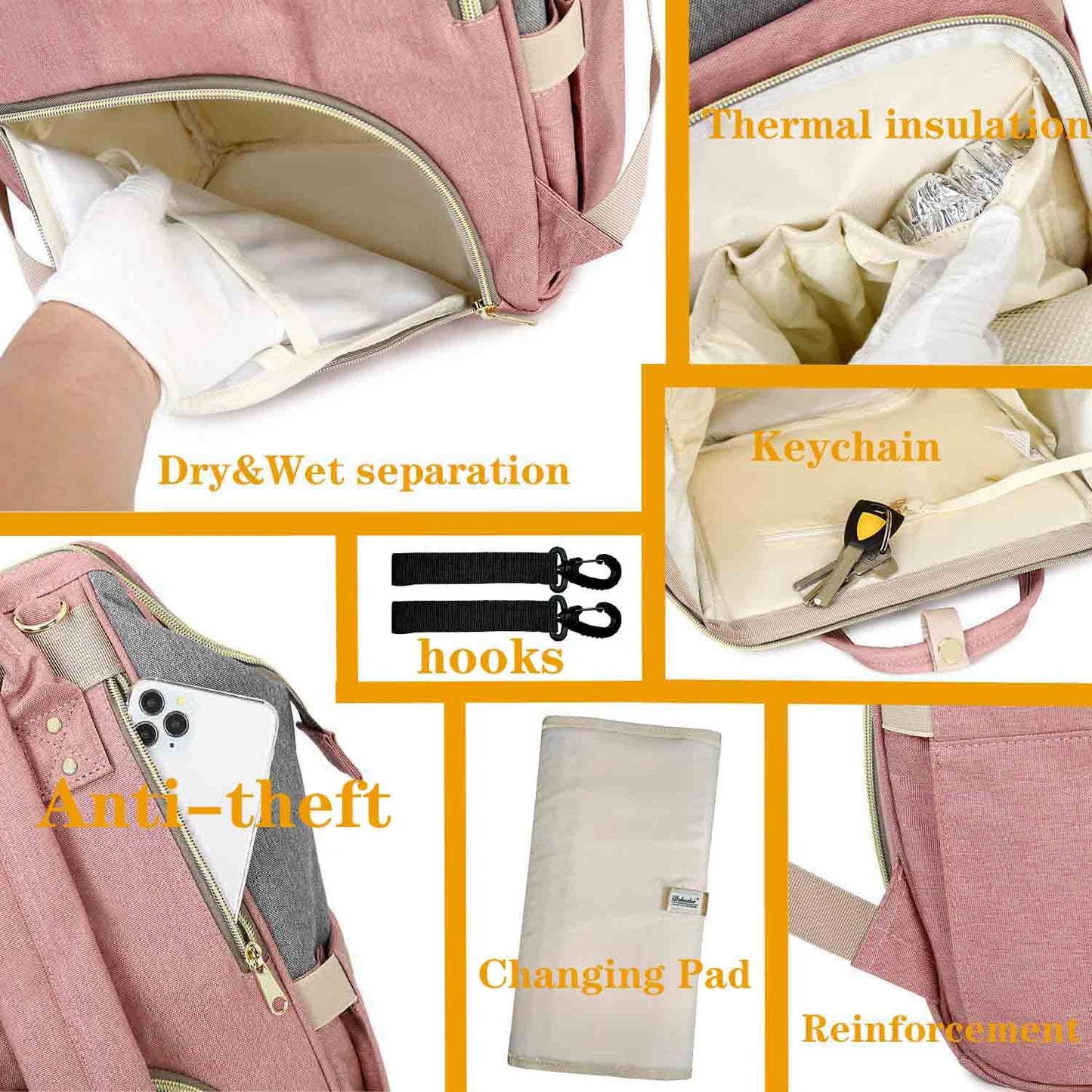 Diaper Bag Backpack, Multifunction Baby Bags, Large Capacity Nappy Changing Bags, Waterproof Travel Backpack,Stylish Durable, Hooks and Changepad, Pink Grey
