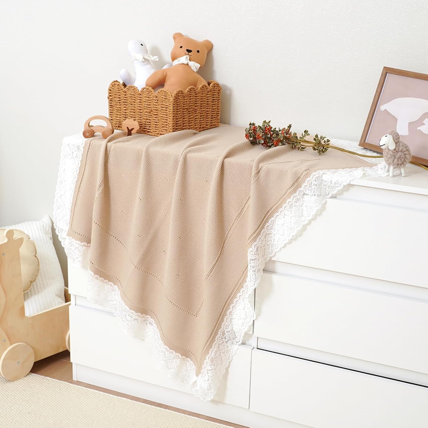 100% Pure Cotton Baby Blanket Extra Soft Cellular Neutral Swaddle Receiving Crib Blanket for Newborn Baby Boy Girl Size 30 X 40 Inches (Camel -Lace)
