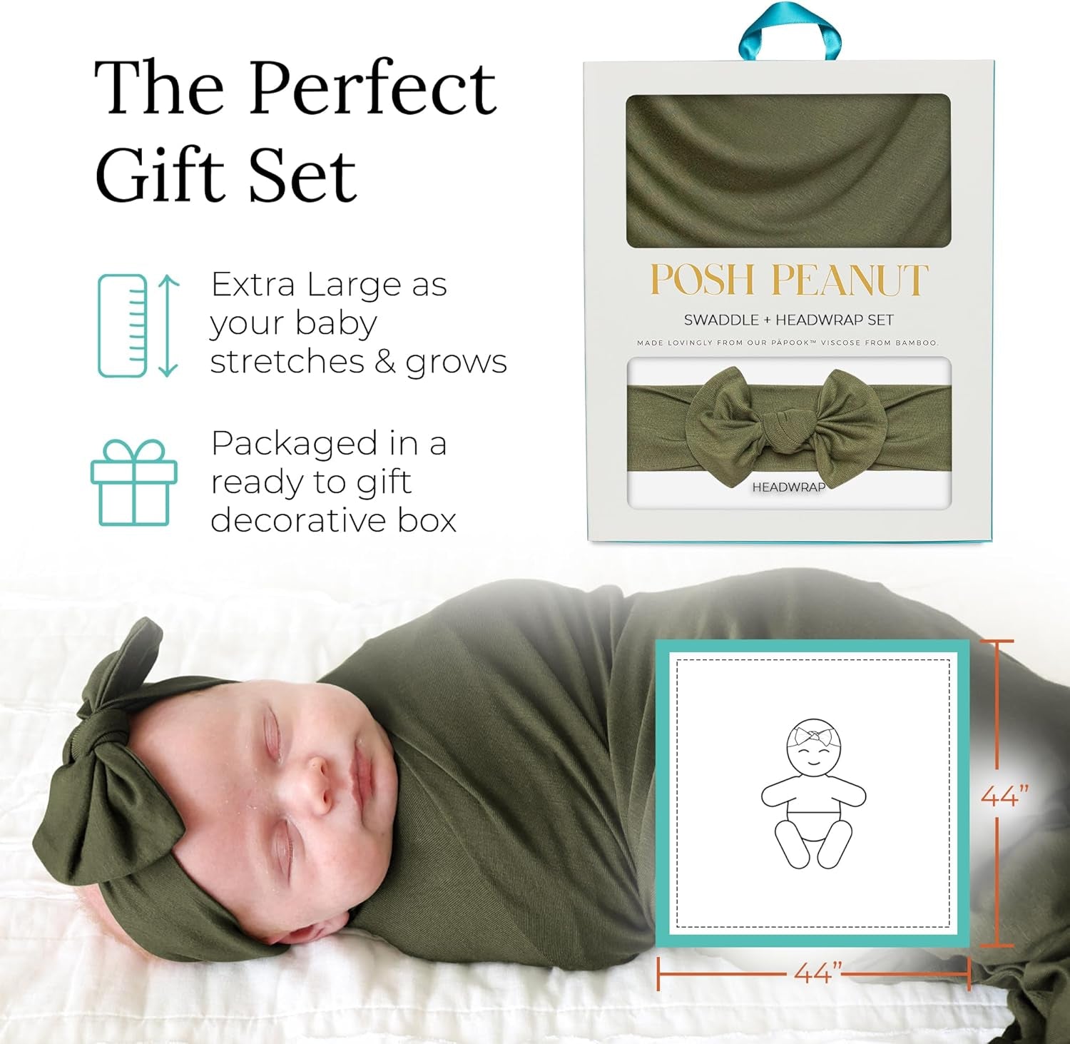Swaddle Blanket & Headband Set – Viscose from Bamboo Stretchy Baby Swaddle for Newborn Girls, Receiving Blanket or Nursing Cover (Olive)