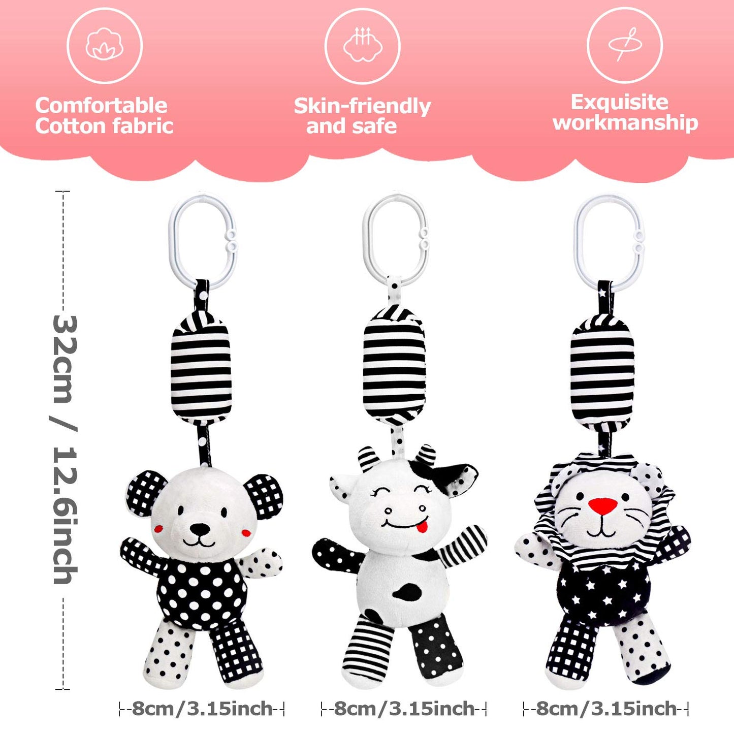 Baby Toy Cartoon Animal Stuffed Hanging Rattle Toys, Baby Bed Crib Car Seat Travel Stroller Soft Plush Toys with Wind Chimes, Best Birthday Gift for Newborn 0-18 Month
