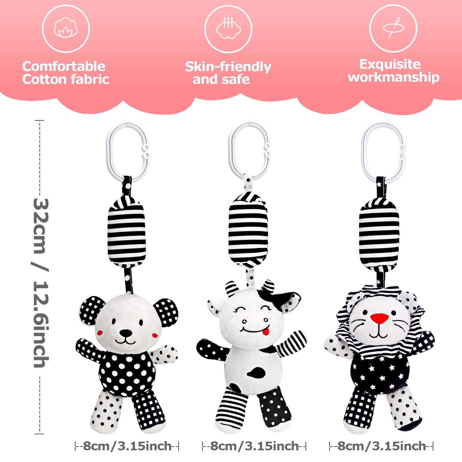 Baby Toy Cartoon Animal Stuffed Hanging Rattle Toys, Baby Bed Crib Car Seat Travel Stroller Soft Plush Toys with Wind Chimes, Best Birthday Gift for Newborn 0-18 Month