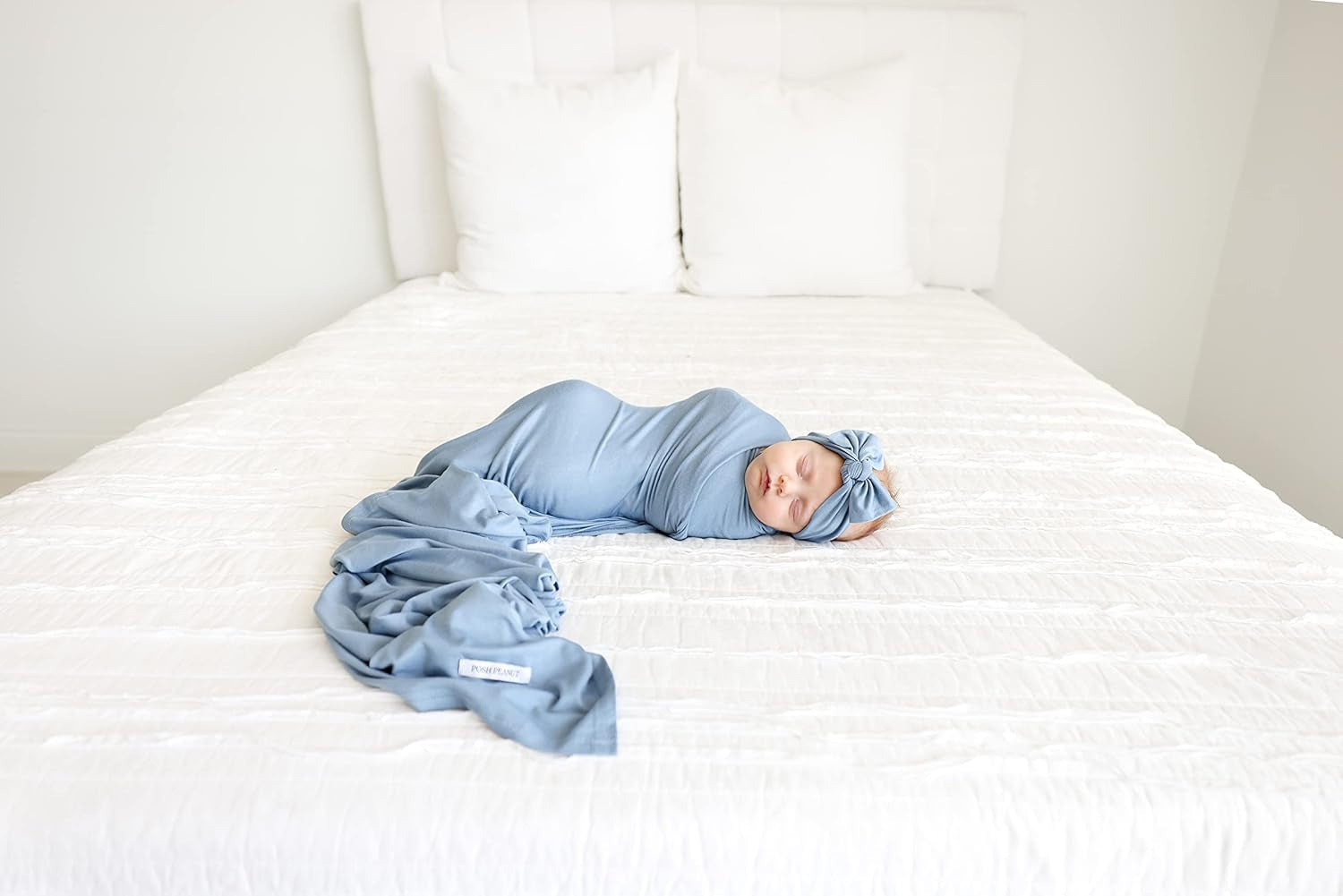 Swaddle Blanket & Headband Set – Viscose from Bamboo Stretchy Baby Swaddle for Newborn Girls, Receiving Blanket or Nursing Cover (Denim Blue)