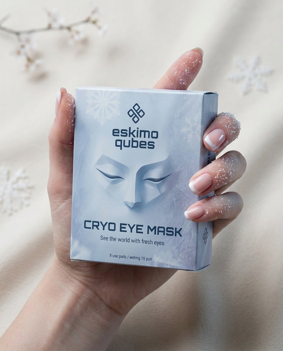 A hand holding an Eskimo Qubes Cryo Eye Mask box