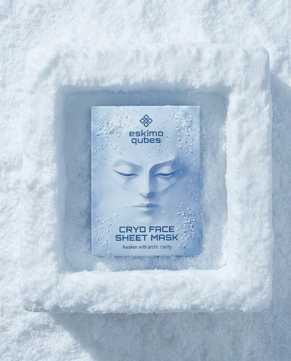 Eskimo Qubes Cryo Face Sheet Mask pack displayed in an icy frame.