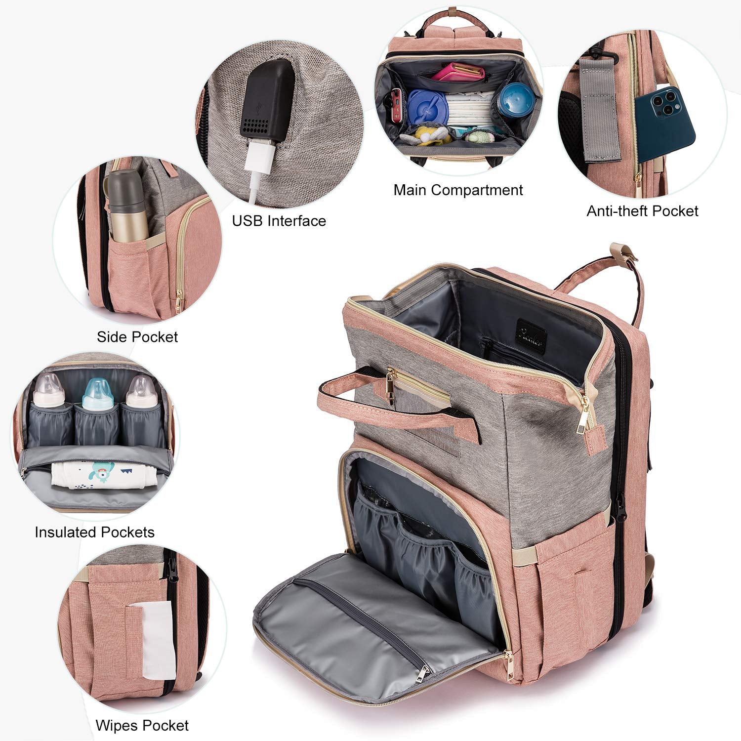 3 in 1 Diaper Bag Backpack with Changing Pad, Waterproof Diaper Bag for Boys Girls, Baby Shower Gifts, Travel Nappy Bag with USB Charging Port, Stroller Straps & Shade Cloth (Pink)
