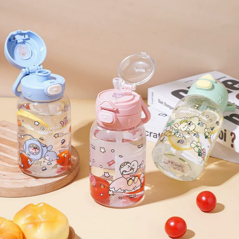 PP Large-650ML Cute capacity Straw Cup Student Cup Water Bottle Glass Tumbler with Lid and Straw Water Bottle for Kids Juice