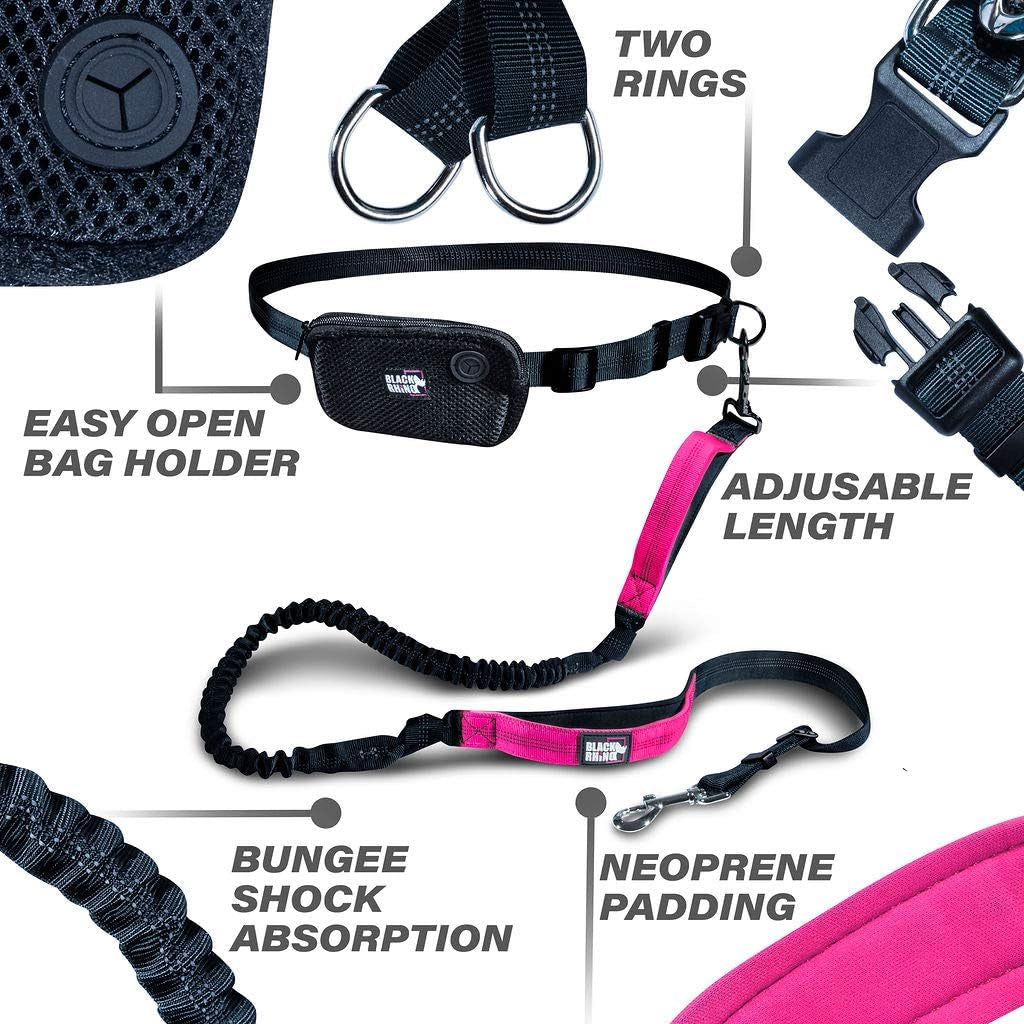 - Premium Hands Free Dog Leash for Running Walking Jogging & Hiking - Adjustable Length Dual Handle Bungee Leash Medium – Large Dog Neoprene Padded Handles - Free Running Pouch Pink/Bla